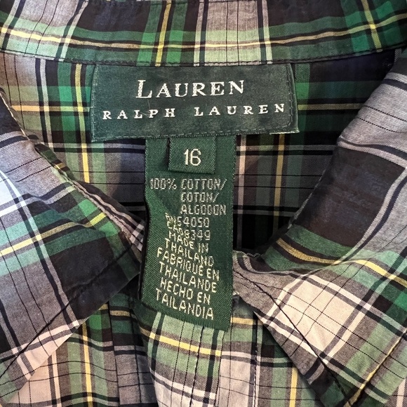 EUC Womens Ralph Lauren Green Navy Plaid Button Up Top Shirt w/ Crest Size 16 - Picture 2 of 3